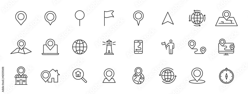 Poster set of 24 navigation and location web icons in line style. gps, compass, global, marker, map, pointe