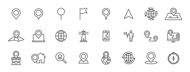 Set of 24 Navigation and location web icons in line style. GPS, compass, global, marker, map, pointer. Vector illustration.