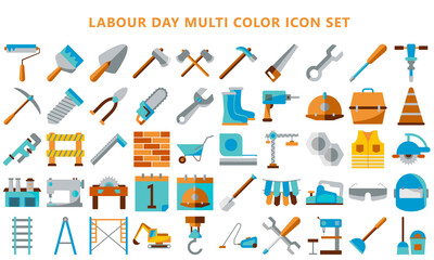 Obraz premium Set Flat colored vector labour or labor day icons linear design, Industry tool icon set. for modern concepts, web and apps. eps 10 ready convert to SVG