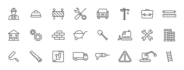 Fototapeta premium Set of 24 Construction web icons in line style. Building, engineer, business, road, builder, industry. Vector illustration.