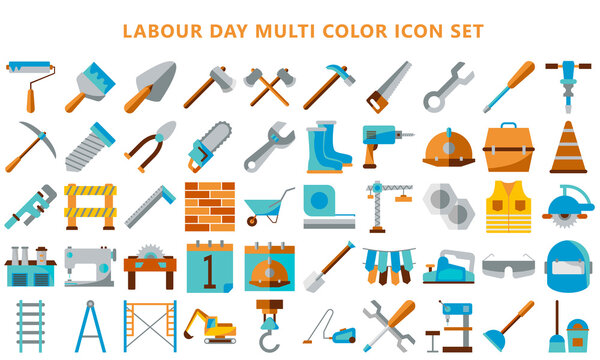 Set Flat colored vector labour or labor day icons linear design, Industry tool icon set. for modern concepts, web and apps. eps 10 ready convert to SVG