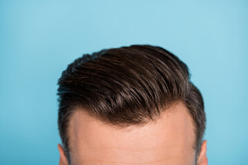 Cropped photo of young handsome attractive masculine man with perfect hair hairstyle isolated on blue color background