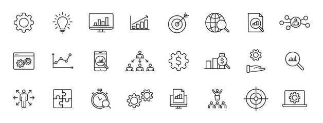 Obraz na płótnie Canvas Set of 24 Data Proceassing web icons in line style. Graphic, analytics, statistic, network, diagrams, digital. Vector illustration.