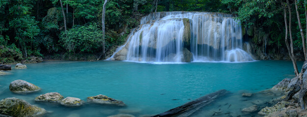 Panoramic beautiful deep forest waterfall in Thailand