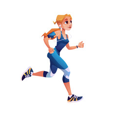Fototapeta na wymiar Fitness running girl with music player isolated cartoon style character. Vector cute woman design for motivational article about sport trainings. Pretty sportive jogger in uniform, jogging person