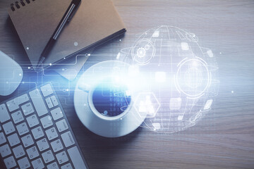 Double exposure of social network theme drawing and work table top veiw. Concept of international...