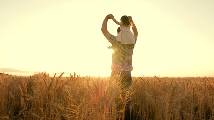 Happy child and father are playing in field of ripening wheat. Little daughter on fathers...
