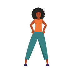 Annoyed Afro-American housewife hands on the hips standing full length. Black skin angry woman cartoon character isolated white background. Vector illustration.