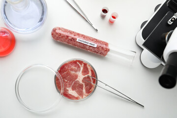 Samples of cultured meats on white lab table, flat lay