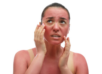 Woman with sunburned skin on white background
