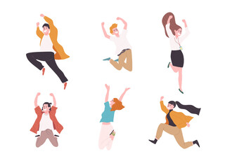 Flat style vector illustration collection set of joyful and powerful  people group in various jumping pose isolated on white background. Successful and confident mood.
