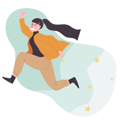 Flat style vector illustration of powerful and joyful cartoon woman character jumping toward the sky with star background. Follow the dream concept.