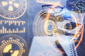 Double exposure of tech theme sketch over cell phone background. Concept of technology