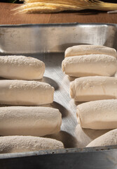 Breads, small and uncooked buns arranged in a pan on wooden surface, selective focus.
