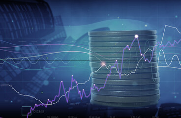 Investment concept. Stacks of coins and cityscape, double exposure