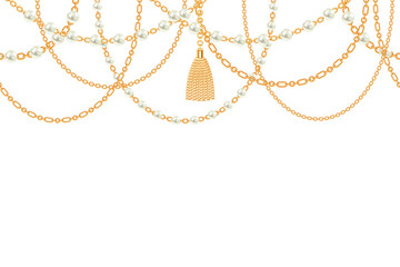 Background with golden metallic necklace. Tassel, pearls and chains. On white. Vector illustration