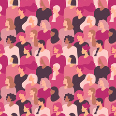 Multinational beauty seamless pattern. Different ethnicity women: African, Asian, Chinese, European, Latin American, Arab. Women's struggle for freedom, independence, equality.