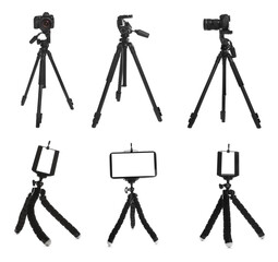 Set with modern tripods on white background