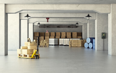 Industrial warehouse interior with pallets, containers and crates. 3d rendering