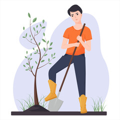A young guy is planting a tree. Agricultural work. Gardening work. Vector illustration in a flat style.