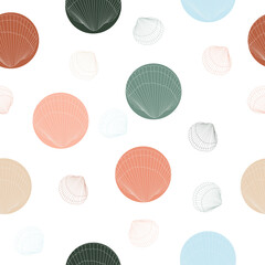 Seamless pattern with outline seashells and colorful bubbles