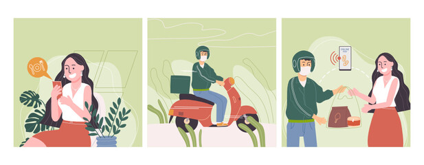 Flat style vector illustration of cartoon long hair woman character order food online by mobile phone. Food delivery service concept. Delivery man ride a scooter motorbike to deliver food.