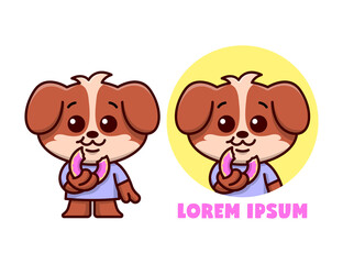 CUTE BROWN PUPPY EATING A DONUT CARTOON LOGO.