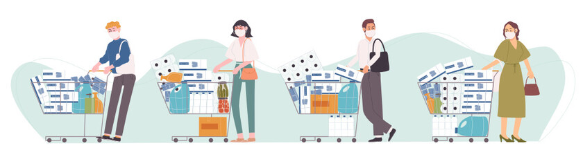 Flat style vector illustration of cartoon character people in face mask are panic shopping. Supplies, alcohol gel, face mask, cleaning liquid, tissue paper store up. Corona virus affection. © punnapohn