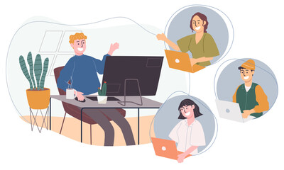 Flat style vector illustration of cartoon character working from home. Concept of people working online, meeting conference at home. Social-distance during corona virus quarantine. New normal