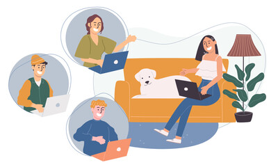 Flat style vector illustration of cartoon character working from home. Concept of people working online, meeting conference at home. Social-distance during corona virus quarantine. New normal.