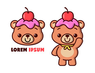 CUTE BROWN BEAR WITH A CHERRY AND CREAM ON HIS HEAD CARTOON LOGO.