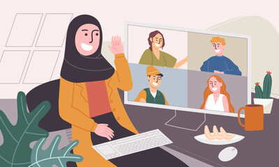 Fototapeta premium Flat style vector illustration of cartoon muslim woman character waring hijab and working from home. Working online, meeting conference at home. Social-distance during corona virus quarantine.
