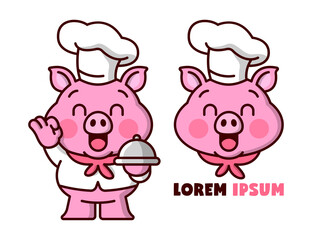 CUTE FAT PIG CHEF SMILING WHILE SERVING A FOOD CARTOON LOGO.