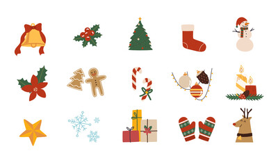 Set of festive christmas symbols isolated on white background. Flat style vector illustration traditional winter holiday celebration concept. Merry christmas.