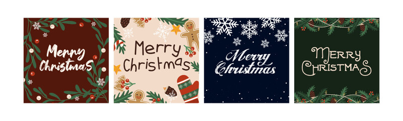 Flat style vector festive christmas greeting cards set illustration with typography. Merry christmas postcard templates banner for web and social media. Traditional winter holiday celebration concept.