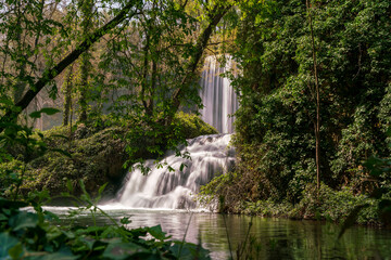 beautiful waterfall of the Monasterio de Piedra Natural Park, Zaragoza, Spain. Long exposure image.