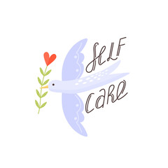 Obraz premium Bird with branch. Self care, self acceptance, love yourself concept. Vector illustration on white background.
