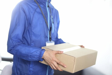 Delivery man carrying cardboard box