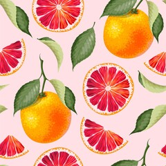 Vector seamless pattern with grapefruits and leaf