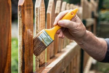 Painting protective varnish on wooden picket fence at backyard