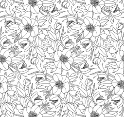 Elegant seamless pattern with hand drawn line hellebore flower. Floral pattern for wedding invitations, greeting cards, scrapbooking, print, gift wrap, manufacturing.