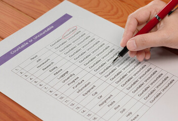 Obraz premium English grammar test sheet on wooden table