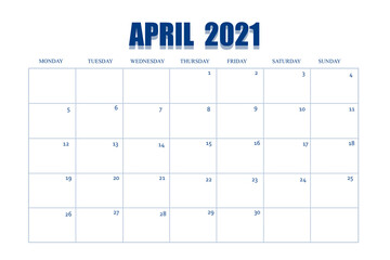 Event planner for April 2021. Calendar page on white isolated background. Table with days and weeks of the month for reminders, business planning, meetings, and events
