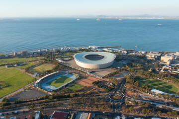 Aerial bird eye view of Cape town citywith modern football stadium