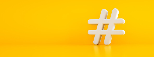white hashtag symbol over yellow background, 3d render, panoramic mock-up