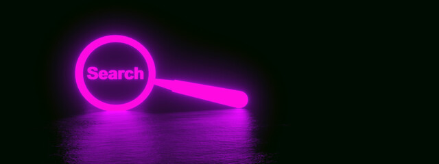 neon magnifier with search inscription on dark background, 3D rendering, panoramic image