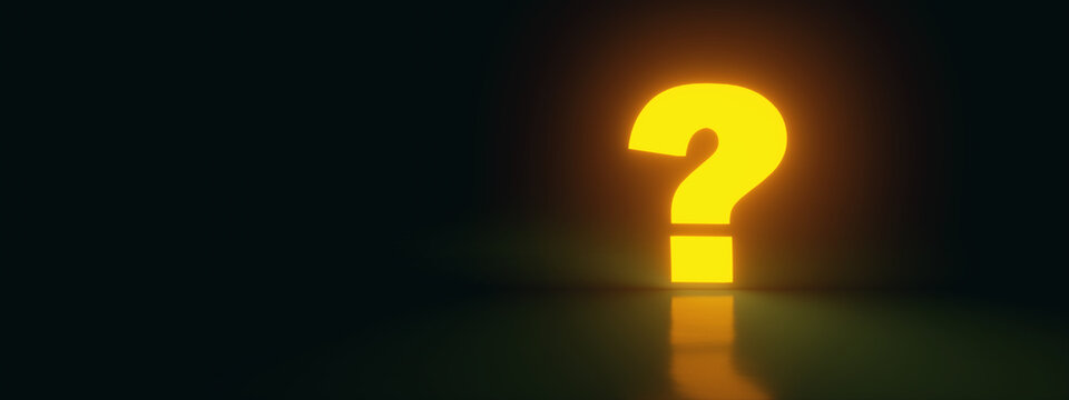 neon yellow question mark on dark background, 3D rendering, panoramic image