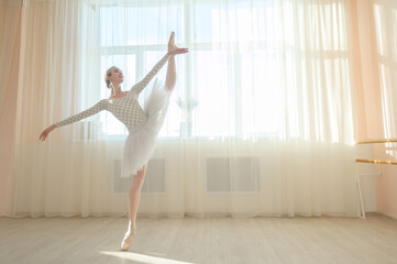 Beautiful ballerina in body and white tutu is training in a dance class. Young flexible dancer...