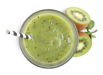 Delicious kiwi smoothie and fresh fruits on white background, top view