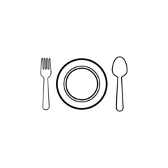 Black restaurant menu plate line vector icon with cutlery isolated